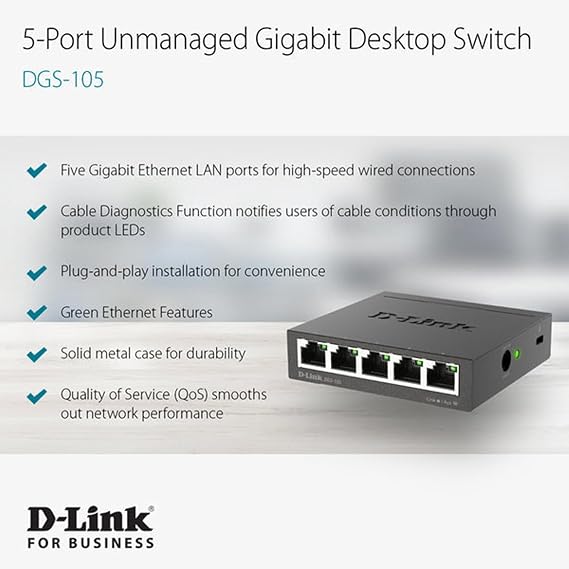 D-Link 5 Port Gigabit Unmanaged Metal Desktop Switch, Plug and Play (DGS-105)