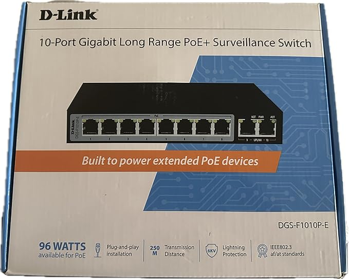 D-Link 8 Port Gigabit PoE Switch - 8 PoE+ 2 Uplink Port 250m DGS-F1010P-E