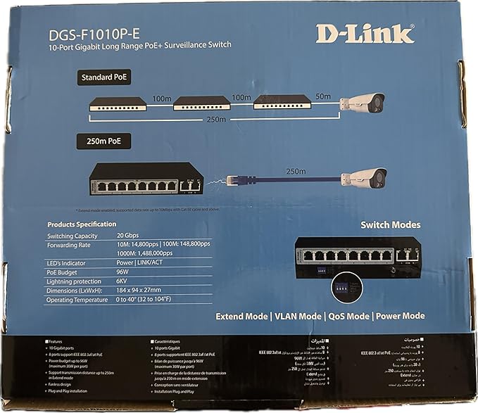 D-Link 8 Port Gigabit PoE Switch - 8 PoE+ 2 Uplink Port 250m DGS-F1010P-E